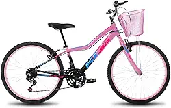 Bicicleta Infantil Feminina Aro 24 Em Alumínio C/Cestinha Rosa 18V Freios V-Brake