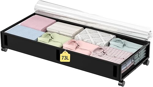 Miniatura 1 de JtEoss Contenedores de almacenamiento debajo de la cama de 73 litros, almacenamiento rodante debajo de la cama con ruedas, organizador grande de