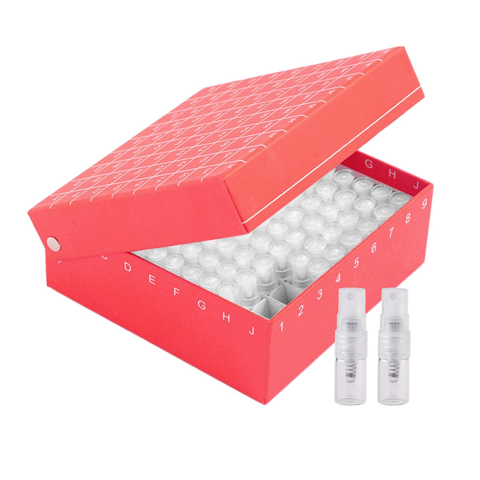 81 flaconi spray trasparenti portatili ricaricabili con organizer in polipropilene, design a ioni di perdite, materiali ecologici, mini oli essenziali da viaggio, custodia rossa