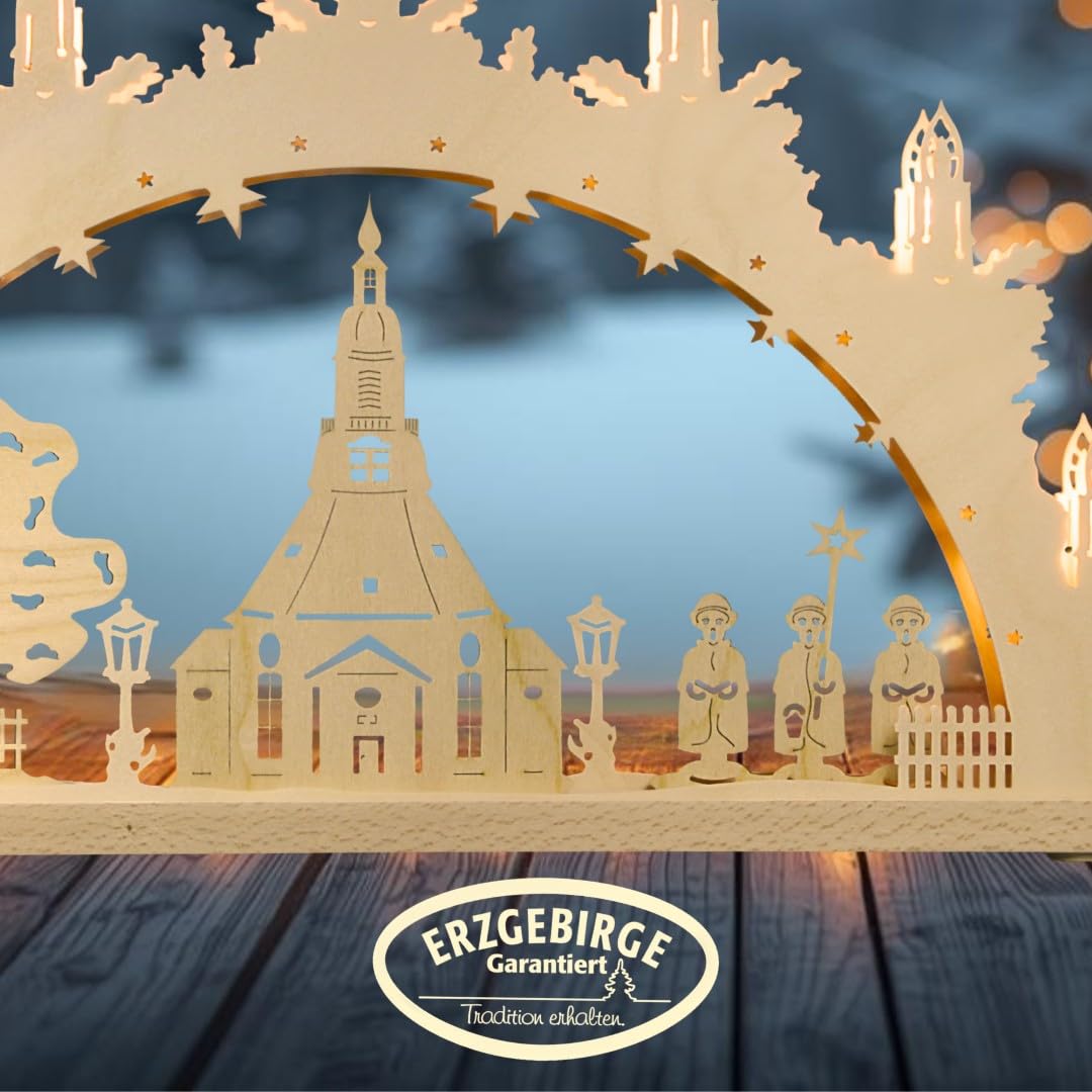 weigla - Schwibbogen original Erzgebirge I LED Lichterbogen Weihnachten I Motiv Seiffener Kirche I 7 Lampenkerzen + 1 Ersatzlampe I 7 x 34 V, 0,2 W, E10 I beleuchtete Weihnachtsdeko