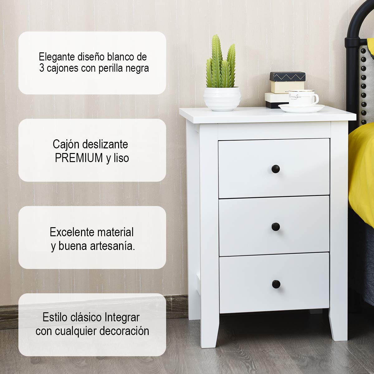 COSTWAY Mesita de Noche con 3 Cajones, Cajonera Moderna Dormitorio, Mesita Auxiliar de Madera con Cajones, Mesilla de Noche para Sala de Estar Dormitorio, 46 x 37 x 65 cm