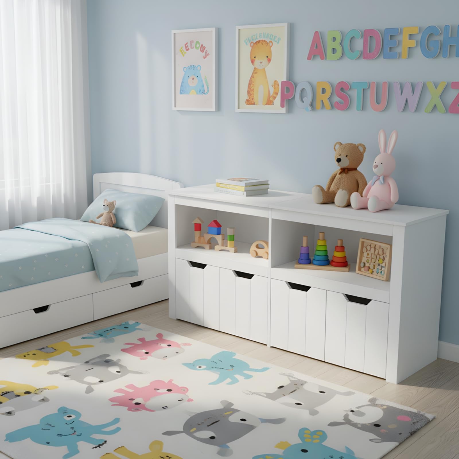 Meuble Rangement Enfant avec 2 Compartiments et 4 Tiroirs Roulants, Meuble de Rangement Jouets Enfant Bibliothèque pour Salon Chambre d’Enfant Salle de Jeu (Blanc, 120 x 33 x 61.5 cm)