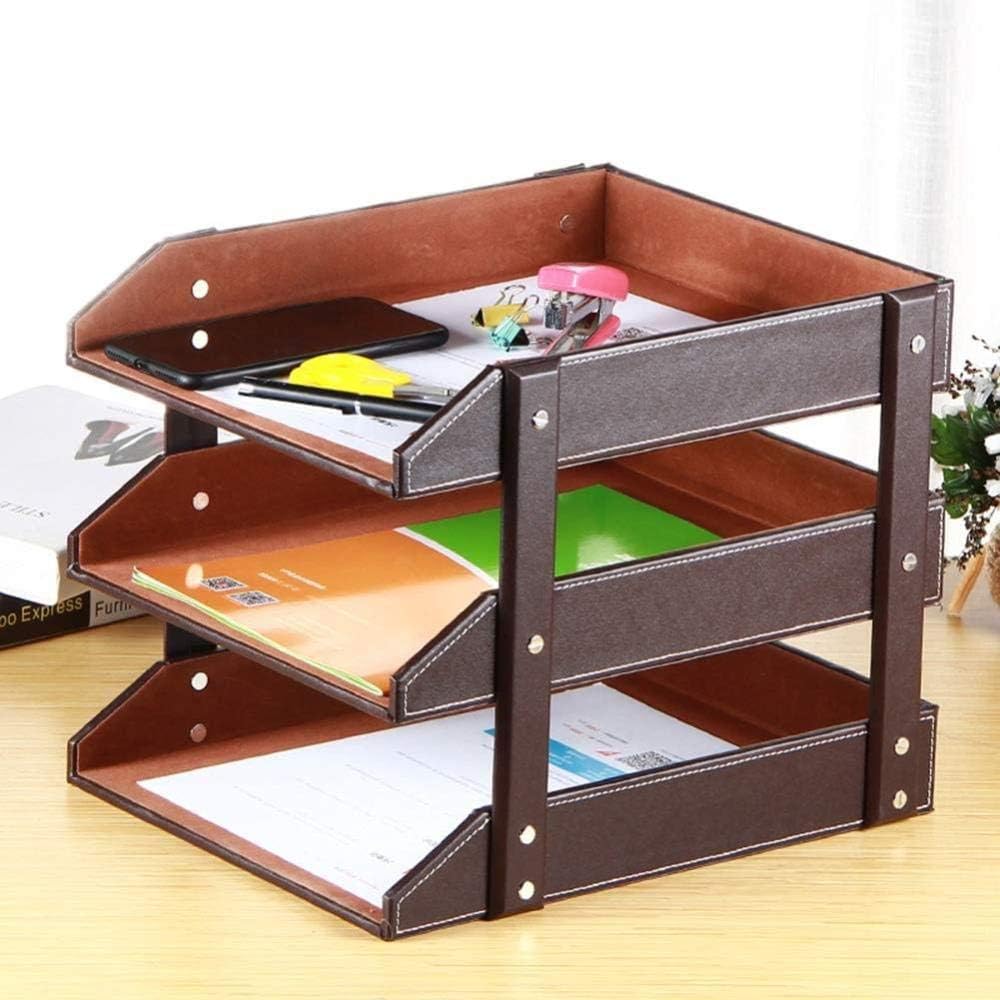 Estantes para Archivos Bandejas para Cartas Estantes para Archivos Bandeja para Documentos Apilable De Madera Extraíble De 3 Capas De Cuero PU para Archivar Documentos De Escritorio(Color:B)