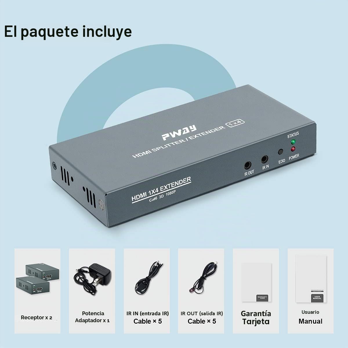 PW-HTS0104IR (POC) 1X4 Splitter HDMI Extensor de Divisor Puerto sobre Cat5e/Cat6 Cable Ethernet con Control IR Sin demora hasta 60m/196ft y Resolución hasta 1080P@60 Hz (1 In 4 out)