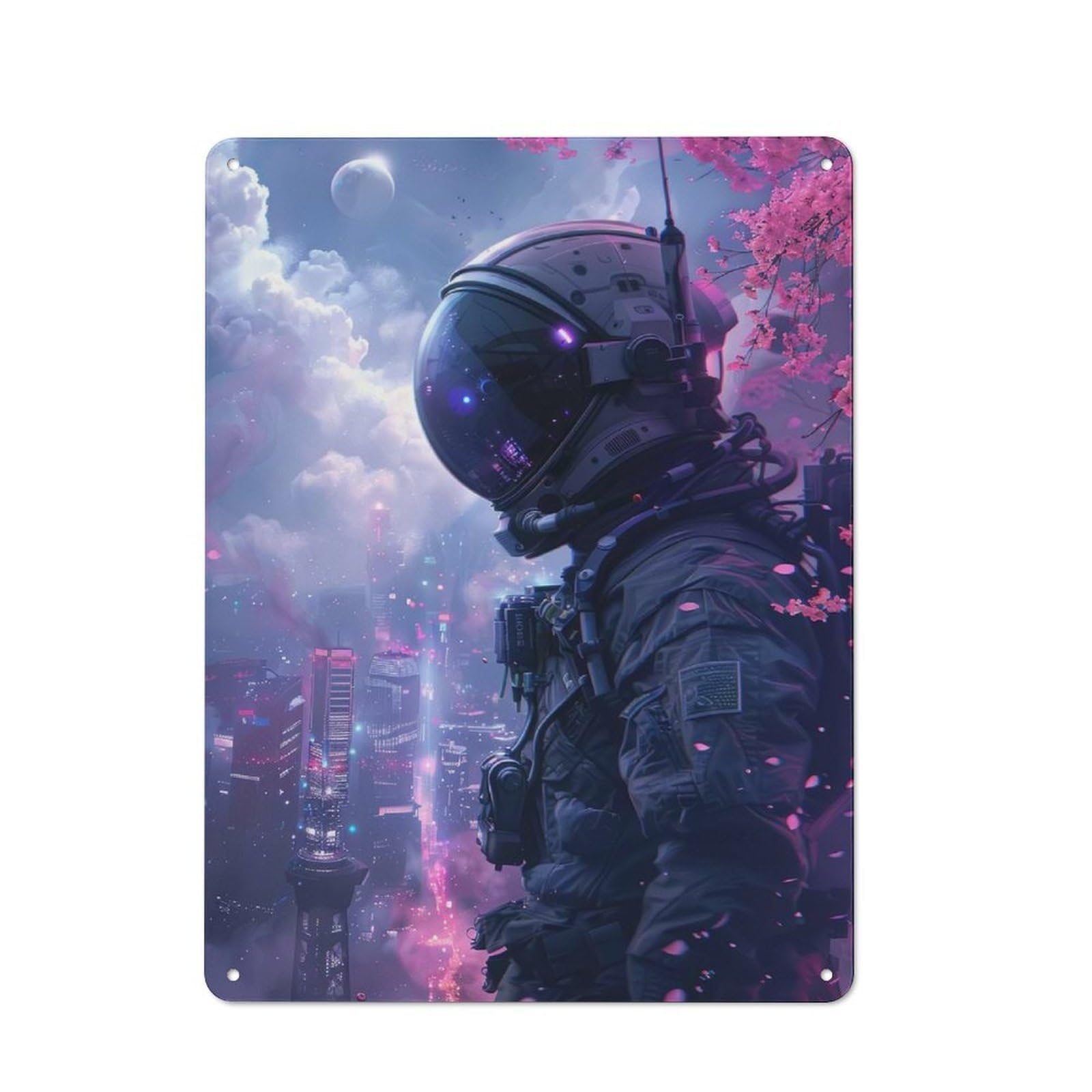 Tin Wall Plaque 40x30cm with Futuristic Astronaut for Workshop Wall, Housewarming Wall Decor for People Furnishing Workshop