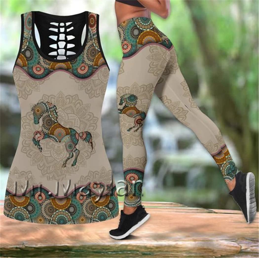 3D gedrucktes Hirsch Liebe Pferd Hohl Tanktop Frauen Sexy Weste Mädchen Tank Tops Yoga Leggings Set, 04, 42