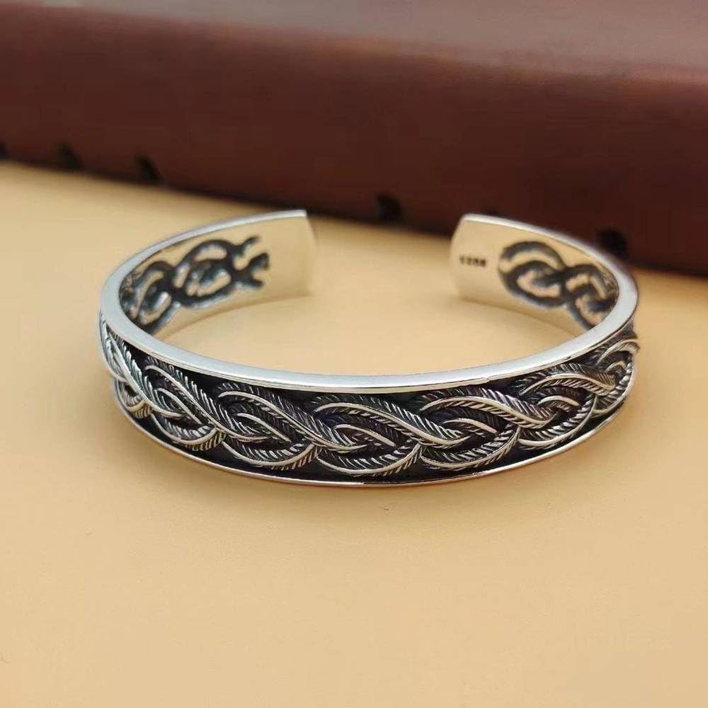 Armreif S925 Sterling Silber Männer und Frauen Paare Personalisierte Retro Flow Feder Offenes Armband Mode Menschen mit gewundenem Muster