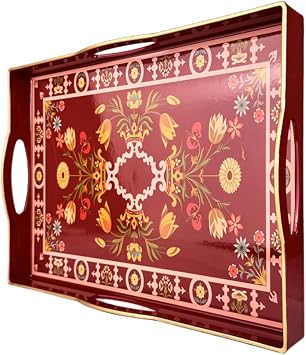 Boho Red Decorative Tray, Serving Tray with 4 Handles, Plastic Tray for Coffee Table, Ottoman - Ideal for Living Room & Bathroom. 15 x 11 x 1.9