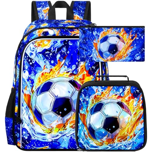 Image of HPJGD 3PCS Soccer Backpack for Boys, Water Resistant Kids Bookbag Set with Lunch Box, Cool School Bag for Elementary Preschool Toddler - Fire & Water Soccer