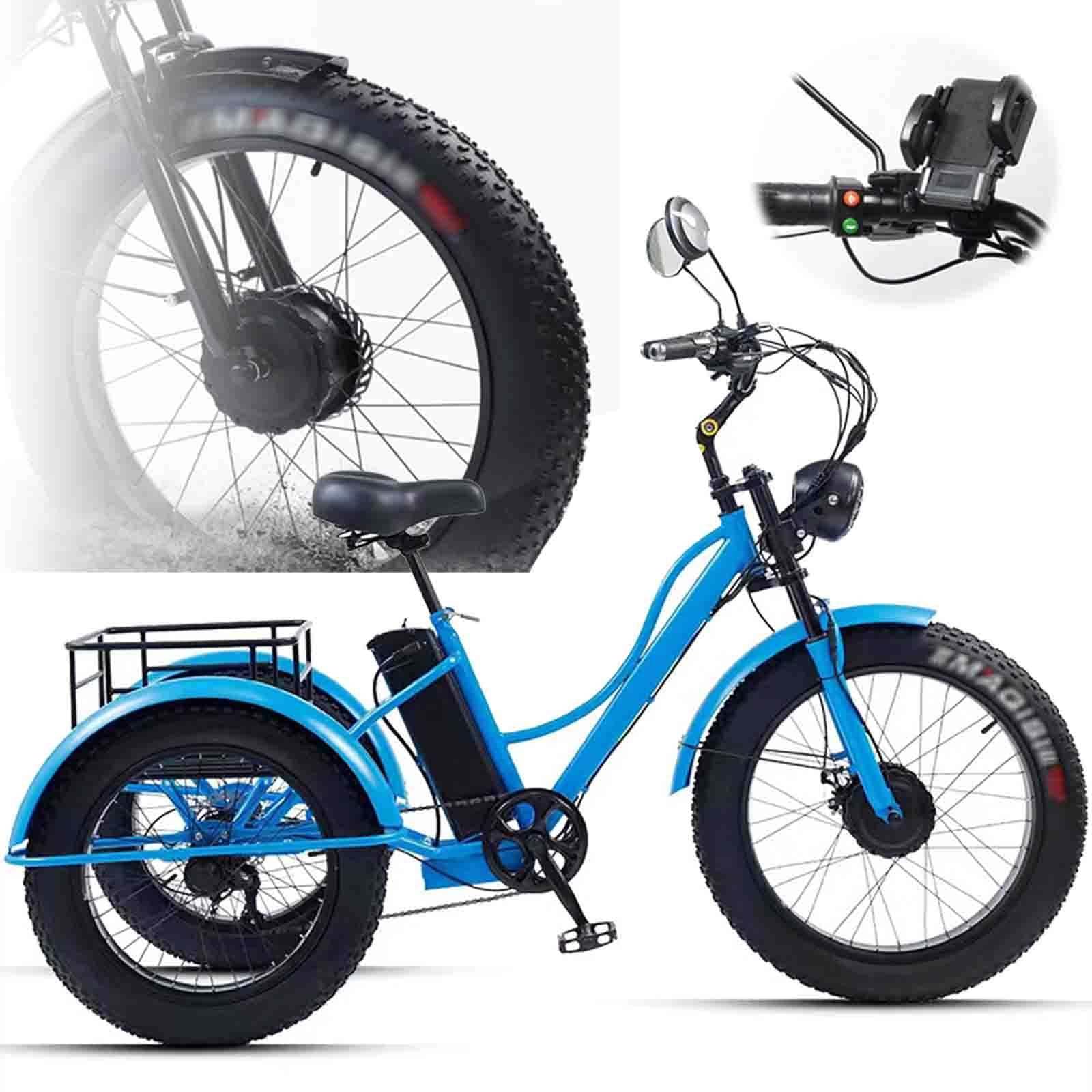 24'' Fat Tire Adult Tricycle (7-Speed), Adult Cruiser Bikes + LCD Display + Headlight, Low-Step Through Frame/Large Basket Blue