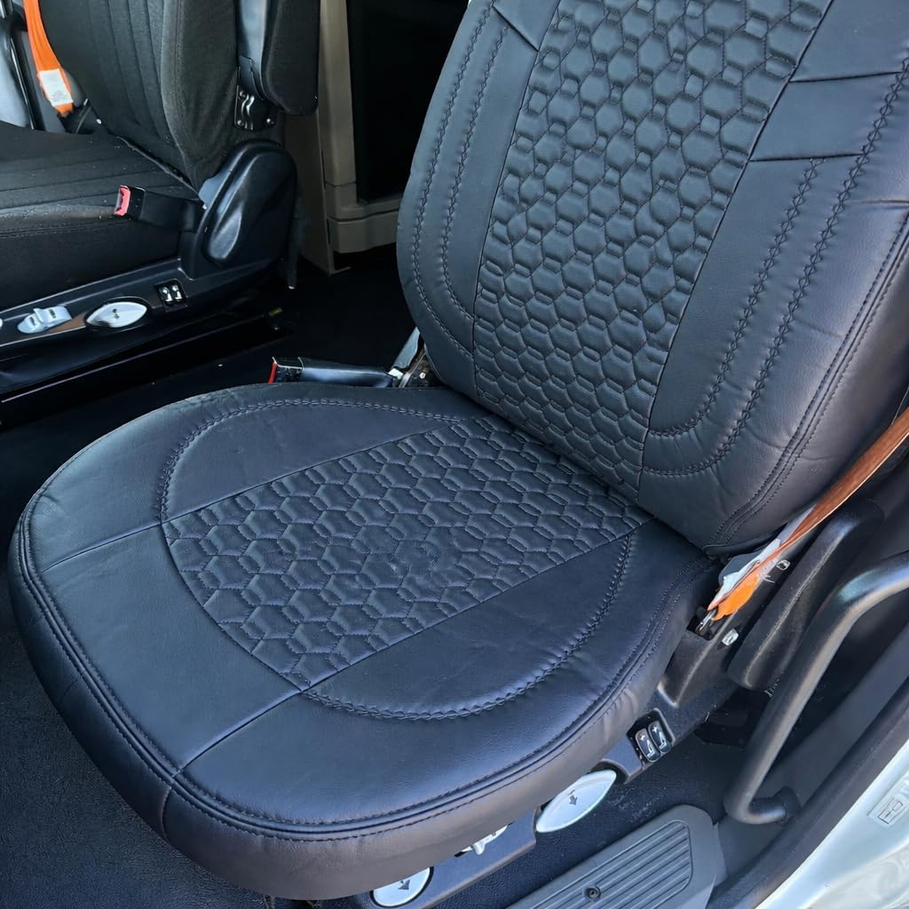 Seat Cover – Compatible with Peterbilt 579 & 567 OEM Stock Seats – Black Faux Leather with Grey Stitching, Custom Fit, Durable, Easy Install, Four-Season Protection (Black/Black)