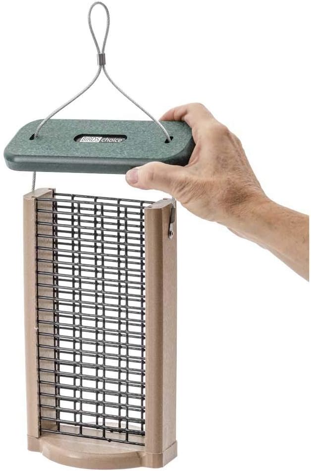 Birds Choice Double Suet Feeder, Holds 2 Suet Cakes| Hanging Suet Bird Feeder with Roof, Woodpeckers, Jays, Nuthatches | Vinyl Coated Grids | Sturdy for Outdoor | Taupe & Green, 8”L x 3”W x 11”H
