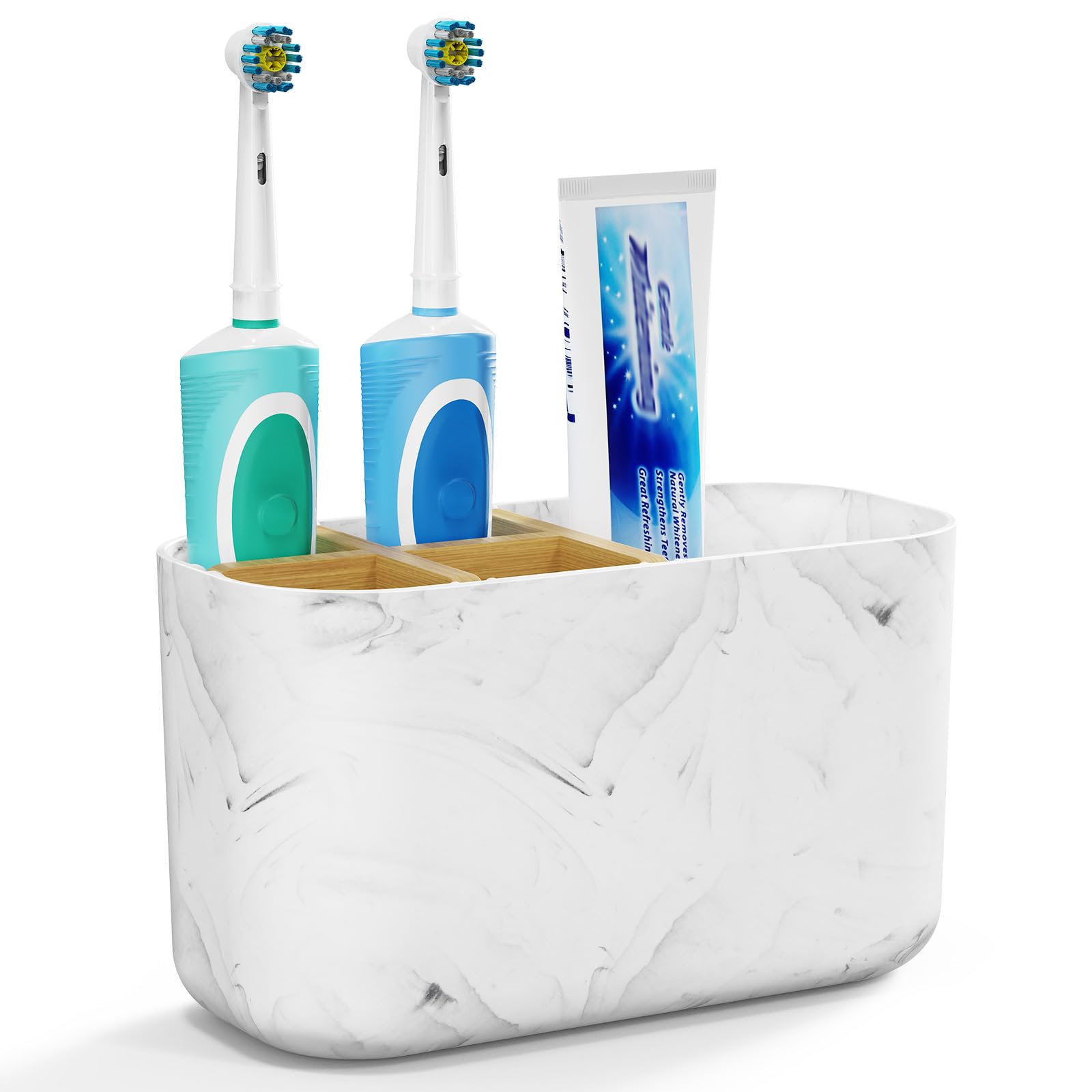 CHONLY Bamboo Toothbrush Holder for Bathroom Storage Organizer Caddy, Electric Toothbrush Holder for Kids Family, 5 Slots Toothbrush and Toothpaste Holder (White 1, One Size)