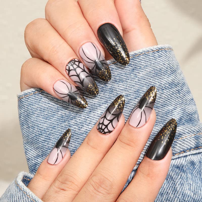 Uñas postizas a presión de almendra, uñas postizas de Halloween, cobertura completa, longitud media, uñas postizas de araña negra con purpurina