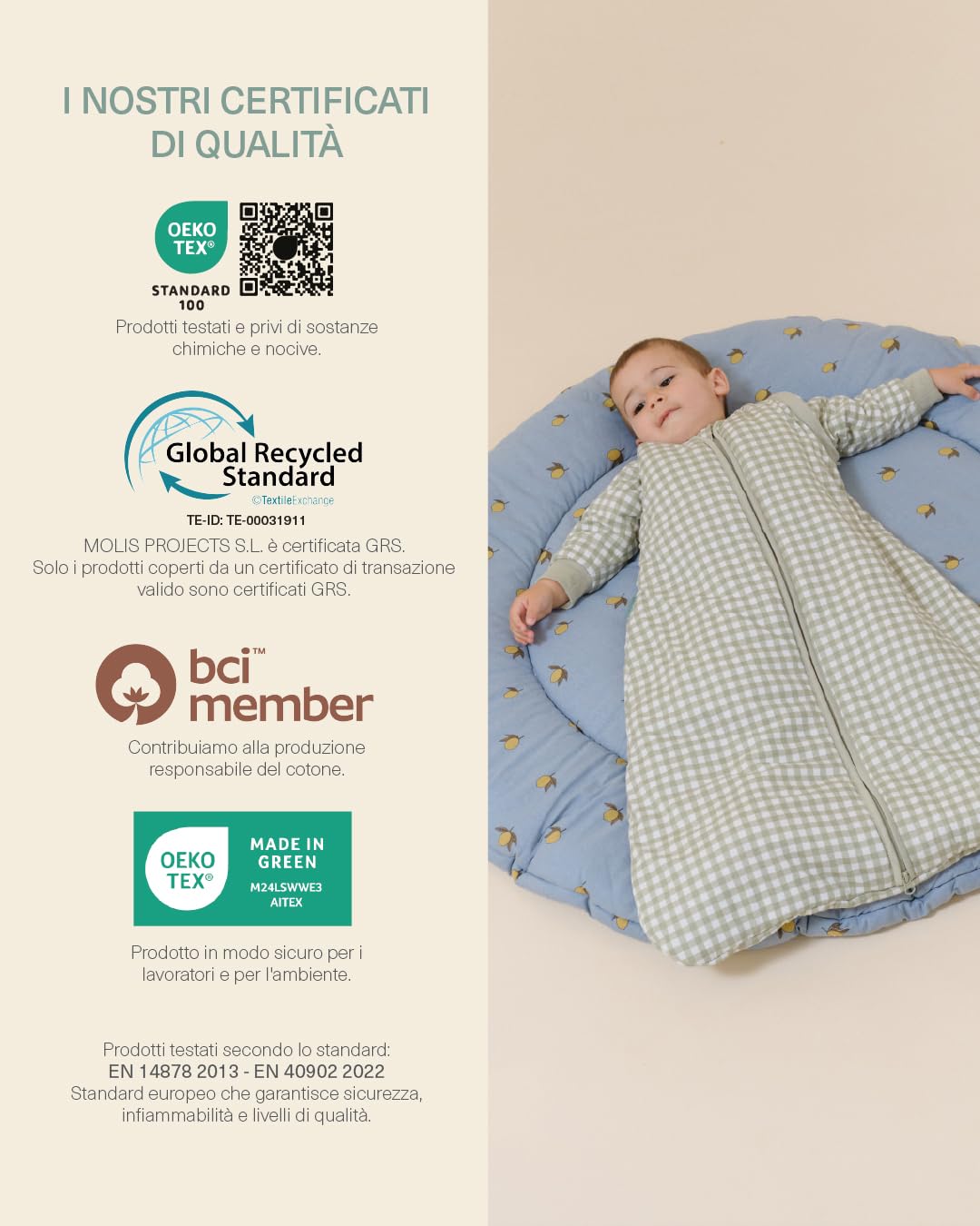molis&co - Sacco nanna maniche staccabili per Neonati e Bambini - Sacchi Nanna 2.5 tog - 100% Cotone (Oeko-TEX 100) - Mint Tea (12 a 18 mesi)