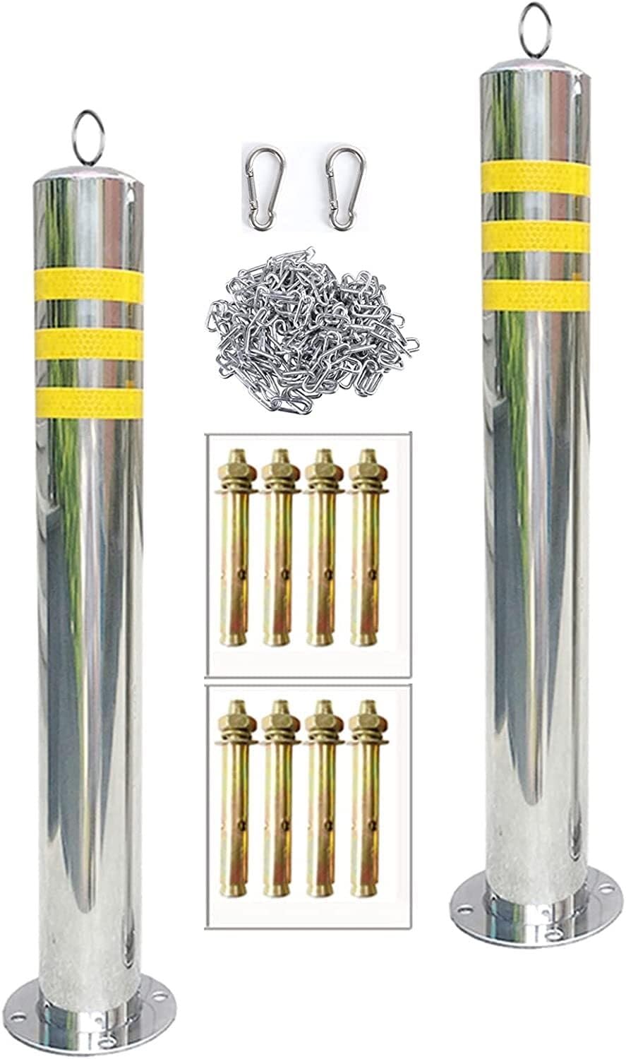 SnamicE Parking Pole, Security Posts for Driveways 2 Stainless Steel Bollard Post and Iron Chain,