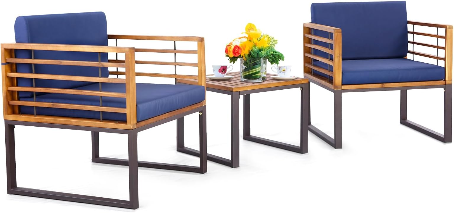 Tangkula 3-Piece Solid Wood Patio Bistro Set - 2 Folding Chairs & Table, Teak Oil Finish, For Balcony, Deck, Garden