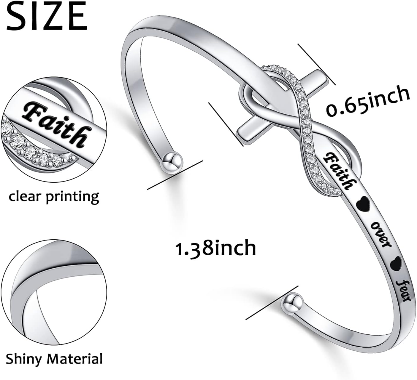 Yearace 925 Sterling Silver Engraved Faith Over Fear Heart Infinity Cross Charm Cuff Bangle Bracelet Sideways Cross Bracelet Bible Verse Religious Gift for Women Catholic - Image 6