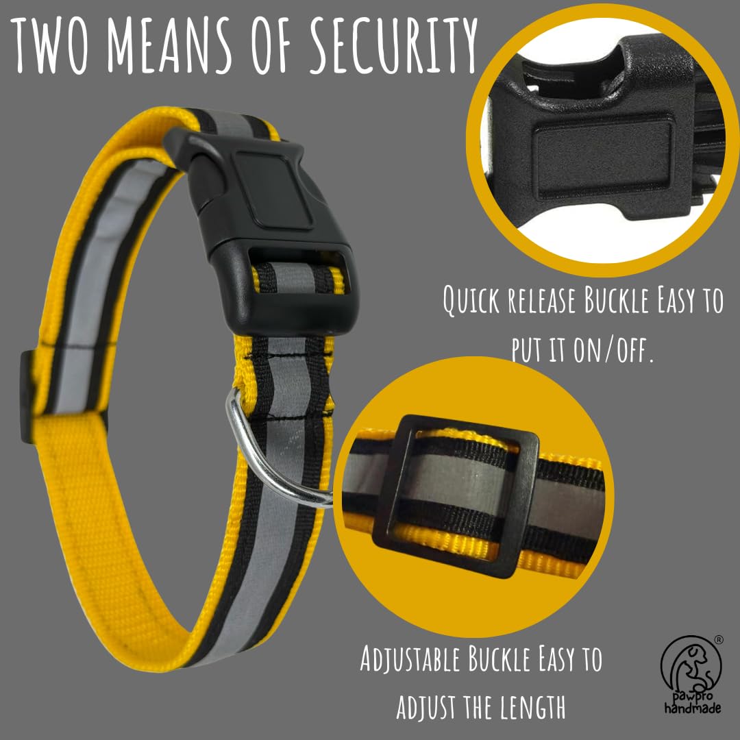 PAWPRO HANDMADE Collare riflettente per cani con targhetta personalizzabile a forma di osso, regolabile per sicurezza e comfort, adatto per collo da 35 a 50 cm, nero (giallo, M)