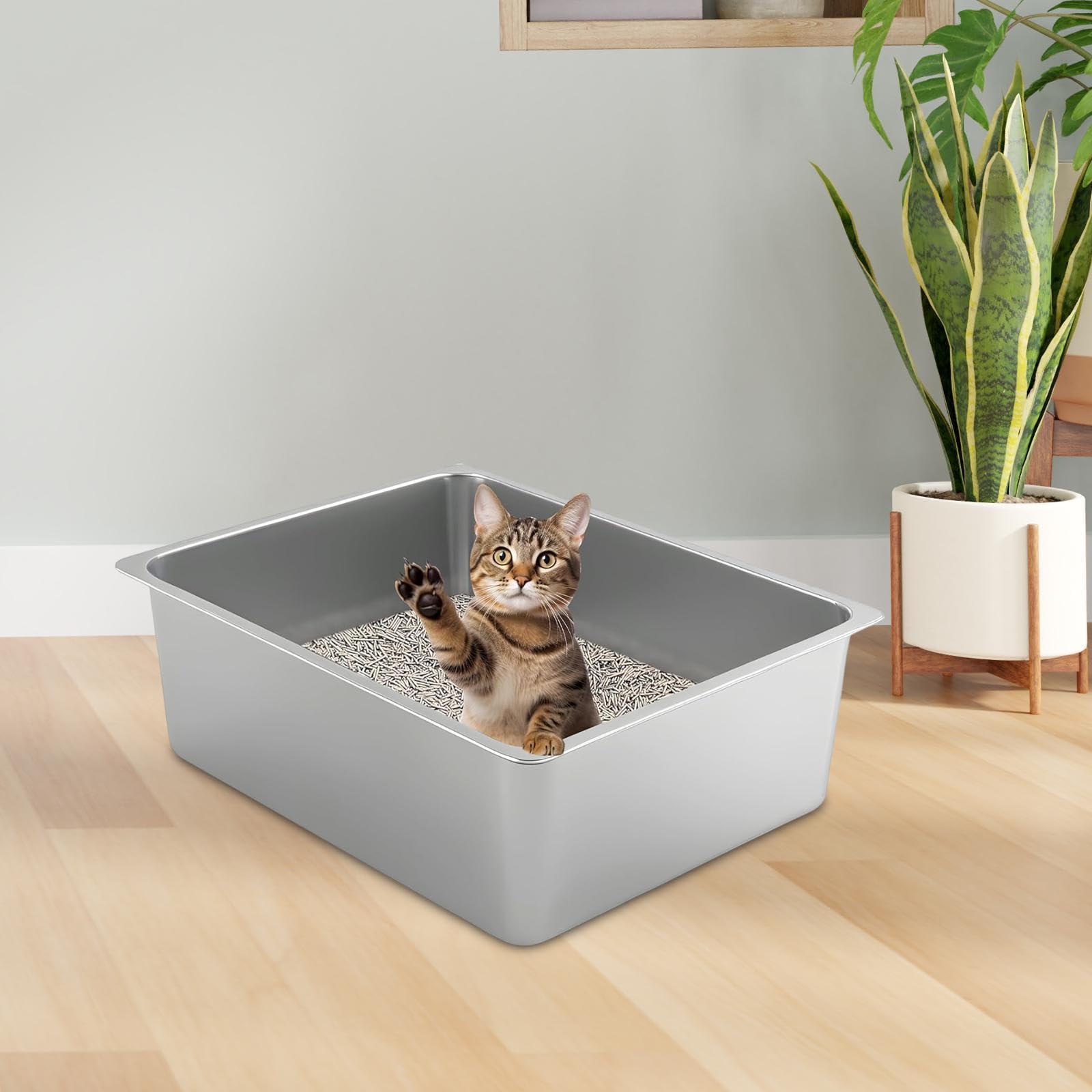 Katzenstreu Schale Offene Katzentoilette Metallschale mit Hohen Seiten Spritzschutz Funktion Siefendeckel Zweck rutschfest für Katzen Kaninchen Hamste, 45cmx35cmx15cm