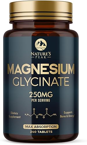 Suplemento de glicinato de magnesio 250 mg - 100% quelado y purificado - para apoyar el sueño, la salud cardíaca, los músculos y la fuerza ósea -