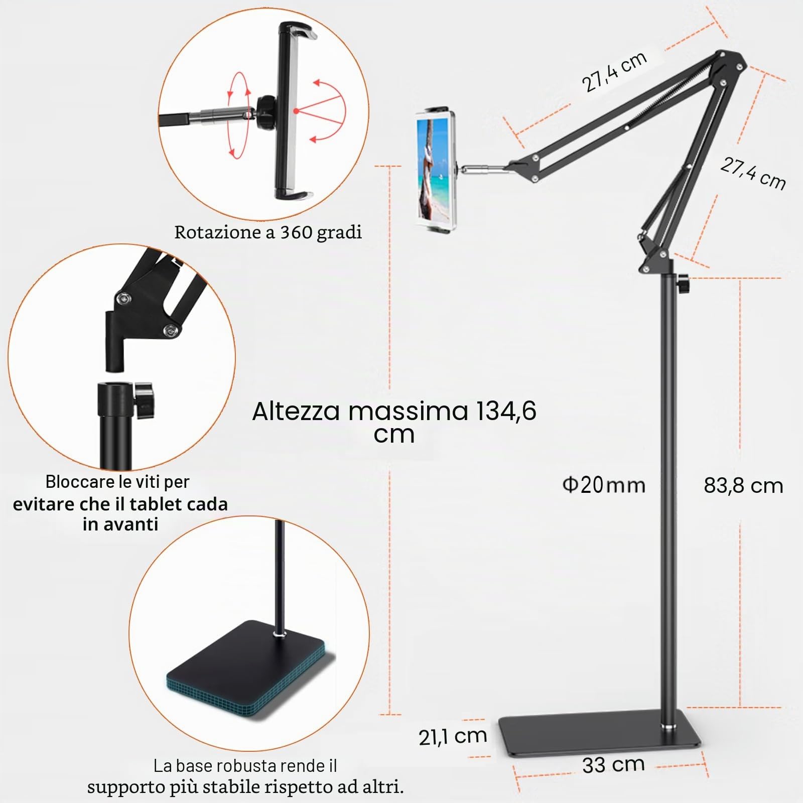 SAMHOUSING Supporto universale per tablet e cellulari da pavimento, girevole 360°, metallo, per iPad, 4,7-12,9 pollici