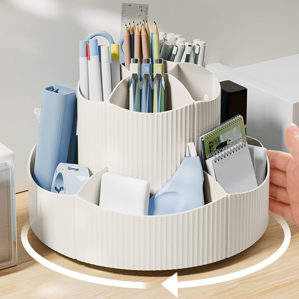 Portapenne Girevole da Scrivania, Organizzatore da Scrivania Rotante con 11 Scomparti, Multifunzionale Portamatite da Scrivania Porta Penne Esagonale per Ufficio Scuola Domestico (Beige)