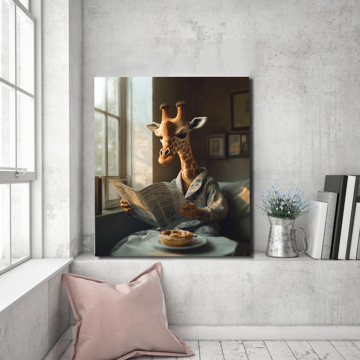 Przytulne sceny wewnętrzne surrealistyczne plakaty fantazyjne ilustracje ścienne z żyrafami ciepłe i zabawne płótno ze zwierzętami w stylu vintage do nauki w salonie rama wewnętrzna 45 x 60 cm