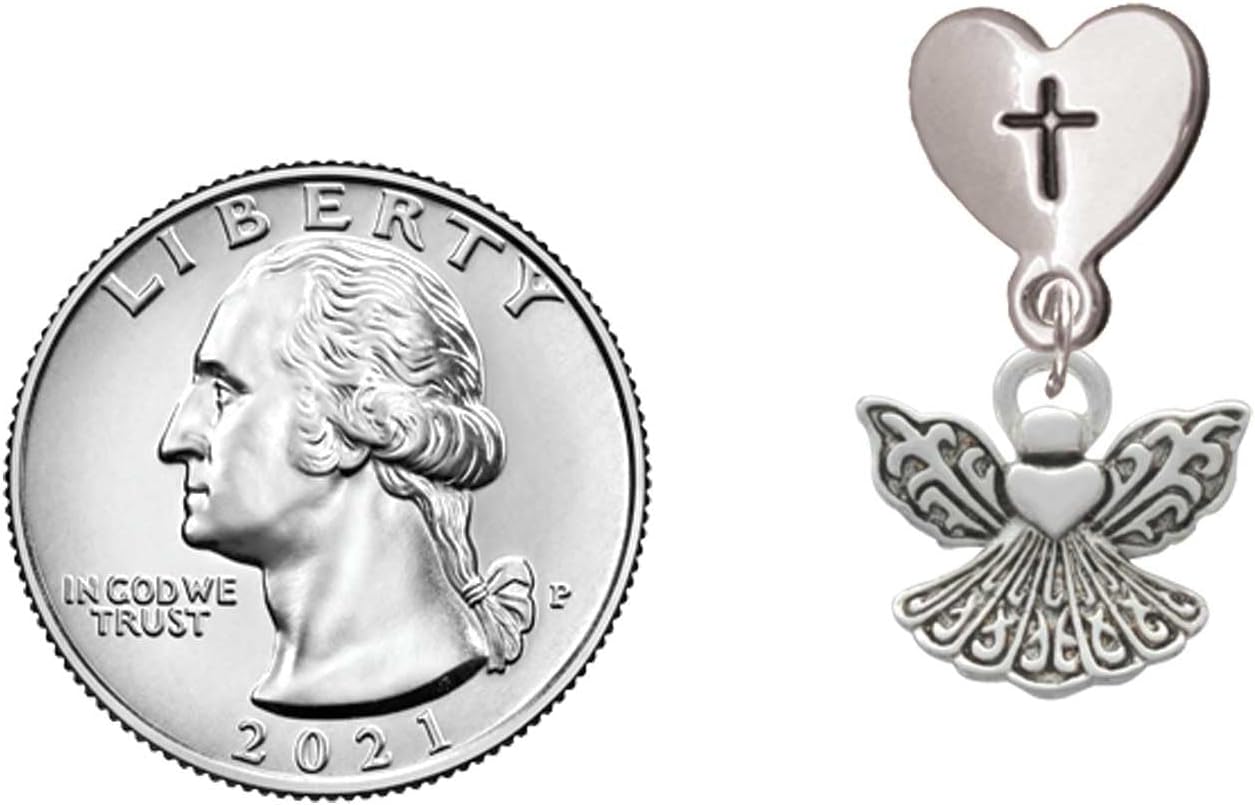 Delight Jewelry Silvertone Small Angel with Heart Cross in Heart Post Dangle Earrings