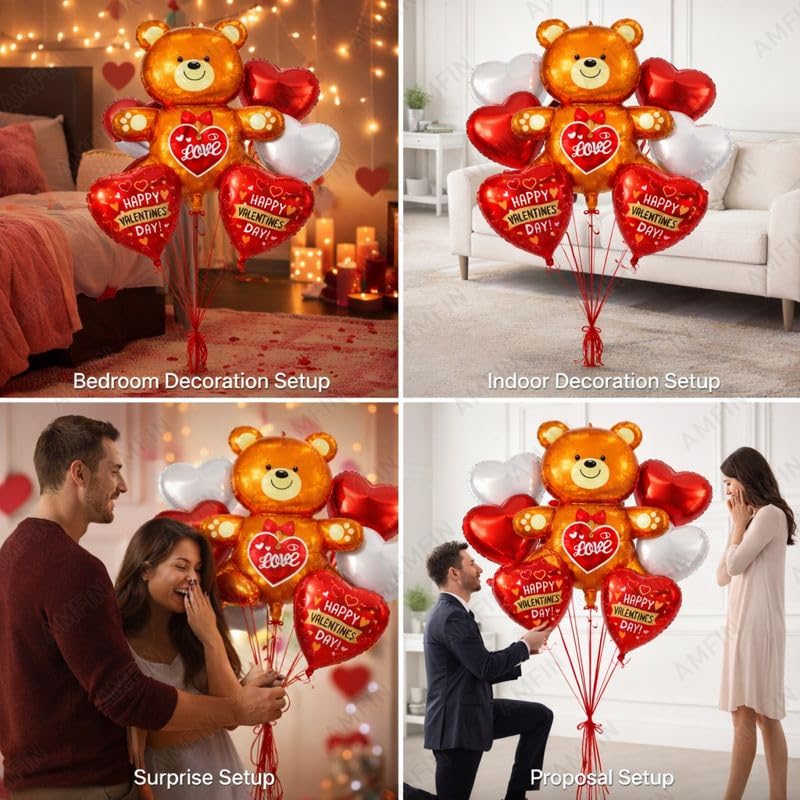 Image of AMFIN (Pack of 7) Happy Valentine's Day Foil Balloon Bouquet Teddy Heart Romantic Decoration Item - Red Gold
