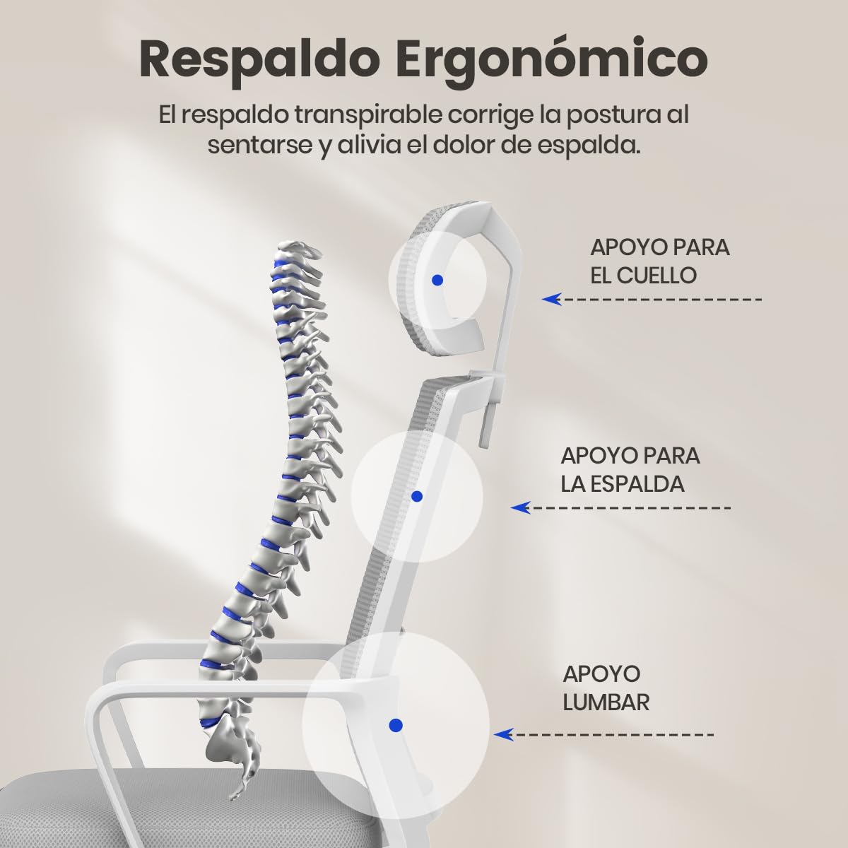 naspaluro Silla de Escritorio Ergonómica, Silla de Oficina con Reposacabezas Ajustable, Malla Transpirable, Silla para Ordenador de Altura Regulable, Silla Giratoria para Oficina en Casa, Gris Claro