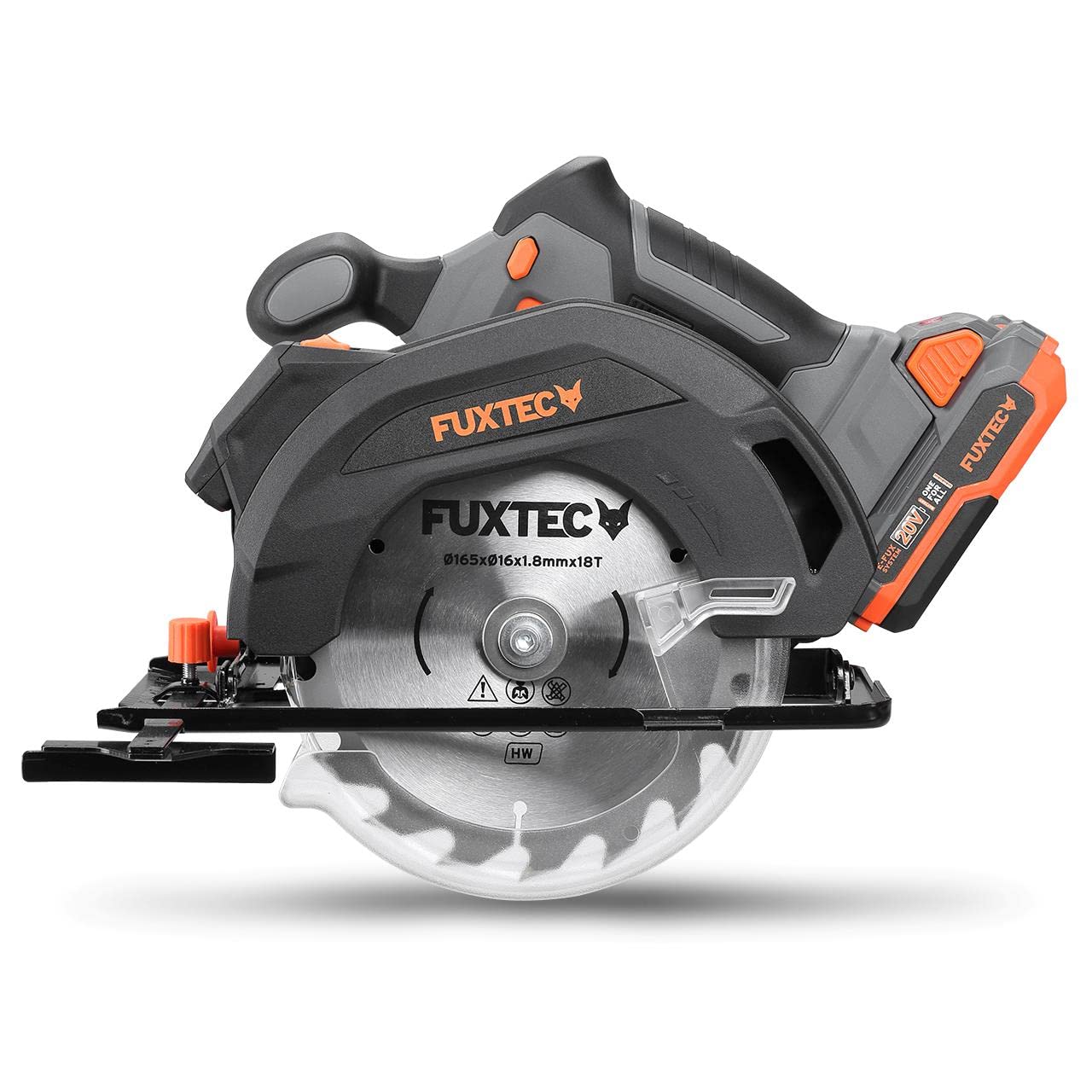 FUXTEC Akumulatorowa ręczna pilarka tarczowa 20 V FX-E1CS20-SET – brzeszczot Ø 165 mm / głębokość cięcia 38-55 mm / regulacja kąta cięcia – piła tarczowa w zestawie akumulator litowo-jonowy i ładowarka