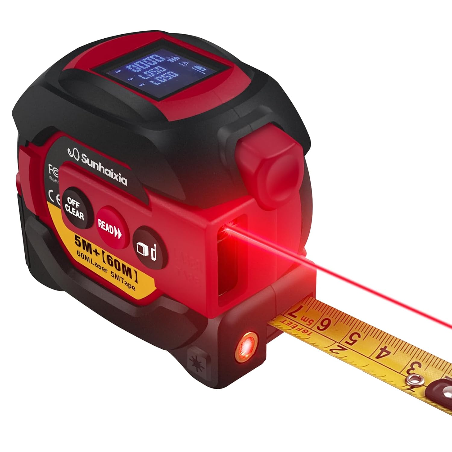Laser Tape Measure 3 in 1 with Laser Level Crosshairs |196ft/60m Laser Distance+16ft/5m AutoLock Tape |Backlit LCD Display (Ft/Inch/M/mm) |for DIY,Construction, Interior Design (Red)