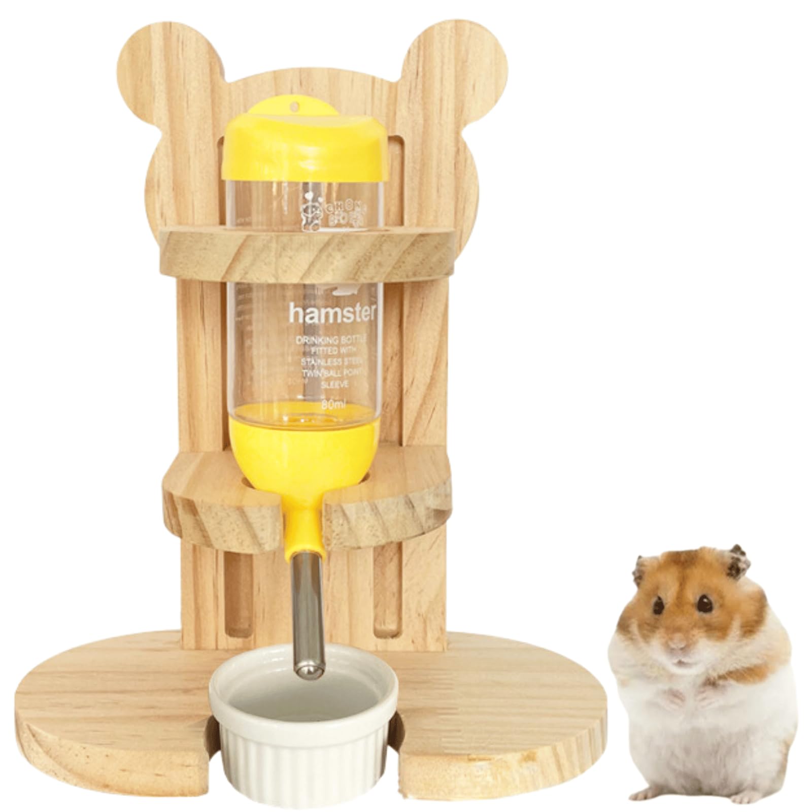 Hamster Water Bottle with Wooden Stand No Drip Water Bottle Leakproof Guinea Pig Water Bottles Small Animal Water Dispenser/Feeder for Hamster Guinea Pig Gerbils Mice Rabbit (with Feeder)