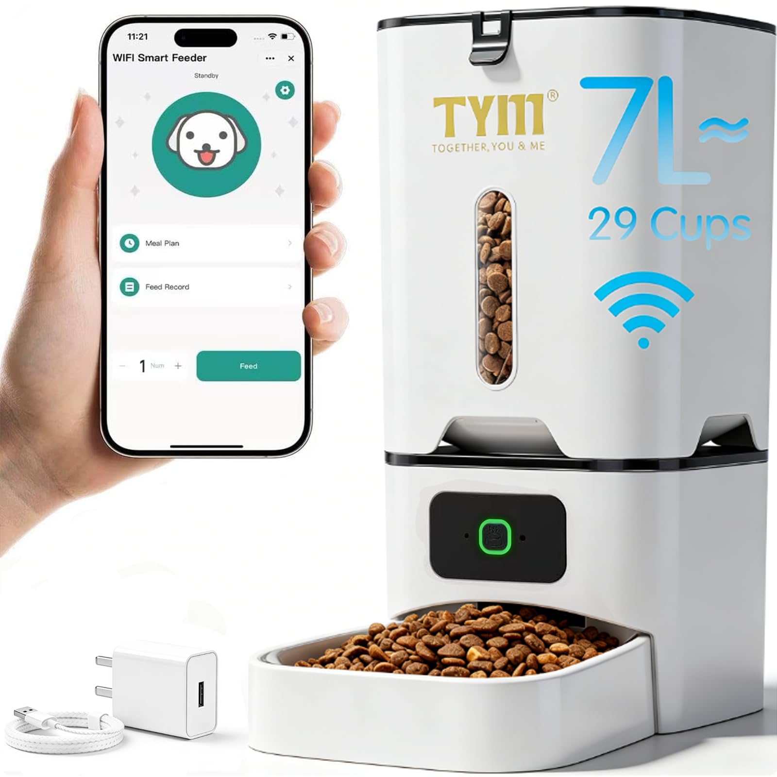 TYM Automatic Cat Feeder, 7L WiFi Cat Food Dispenser with Smart APP Control, Timed Auto Dog Feeder for Small Pets, Programmable Timer, Dual Power Supply, Detachable for Easy Cleaning