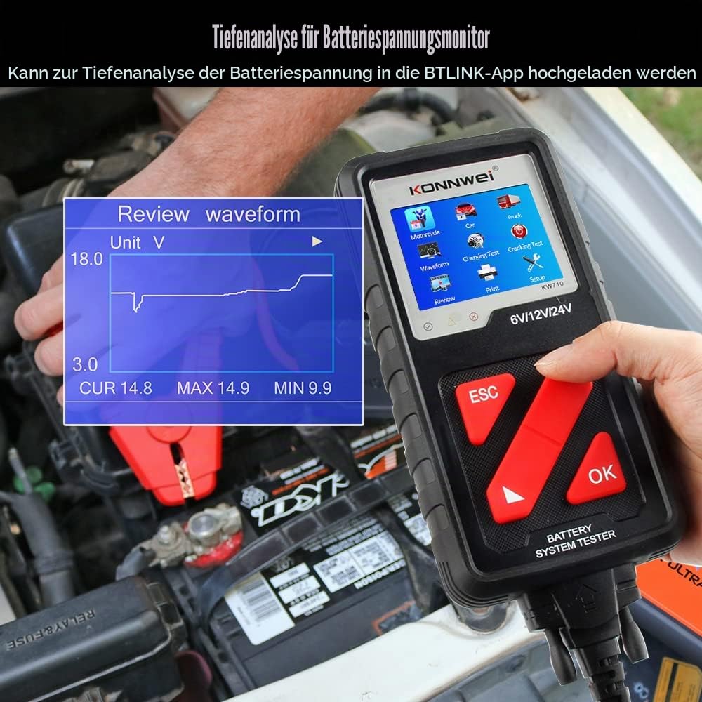 KONNWEI KW710 12V 24V Batterietester 100-2000 CCA, Digitaler Auto-Batterieanalysator mit Farb-LCD, Generator- & Ladesystemprüfer für Auto, LKW, Motorrad, Boot, SUV, Traktor, KFZ Batterieprüfer