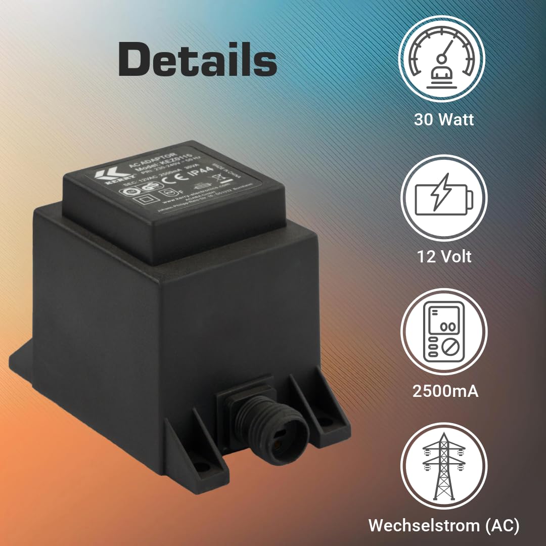 Kerry Electronics Transformator IP44 30 VA, 12 V, prąd zmienny AC/AC, przewód zasilający 2 m, zasilacz, 12 V