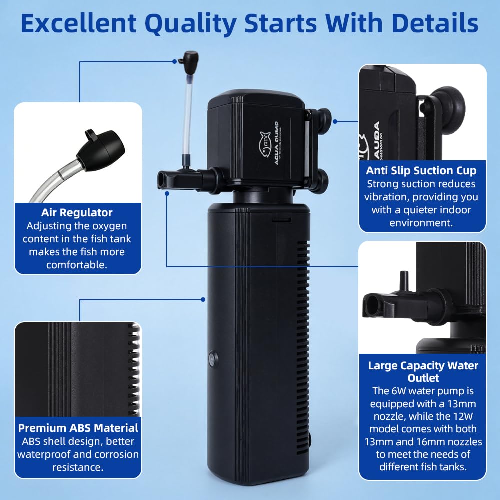 Filtro de acuario 4 en 1, filtro de luz U-V con temporizador, bomba interna de acuario con modo de bombeo de agua de lluvia de oxigenación para tanques de agua dulce y salada (12 W 1000 L/H)