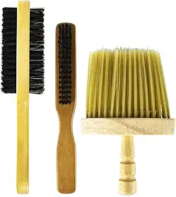 Kit 3 Escovas Barbeiro Madeira Disfarce Dupla Face Espanador