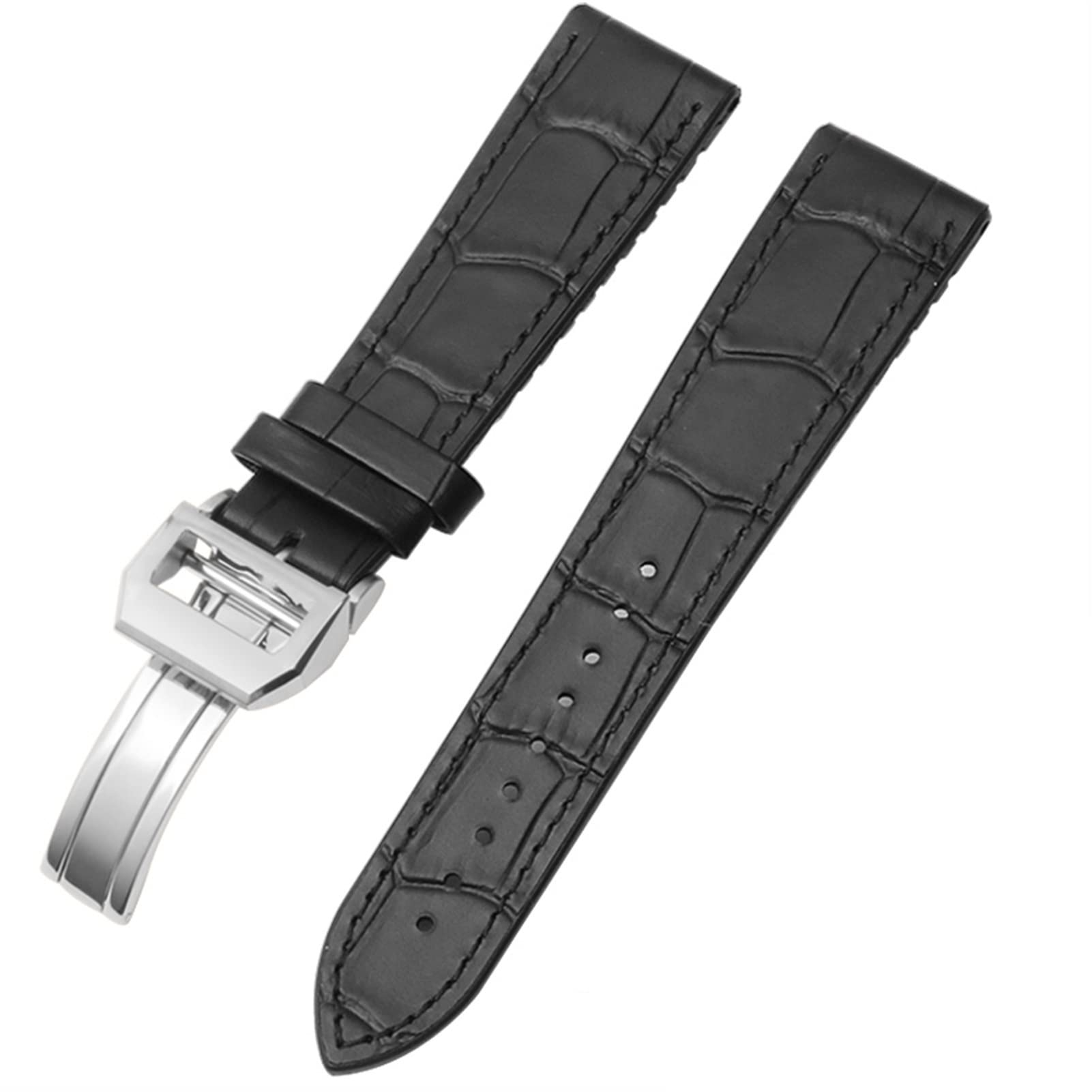 Bracelet de montre cuir alligator véritable et boucle argentée pour IWC 22mm