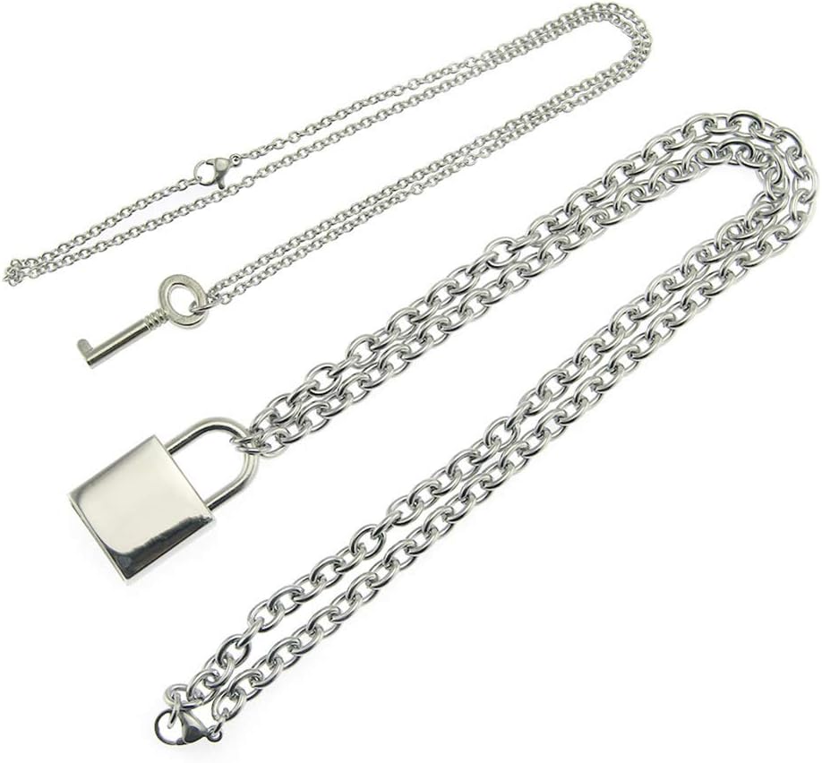 Chain Punk Padlock Necklace Stainless Steel Chain Necklace Lock Key Chain for Men Women Couple Silver, Lock with Key - Image 6