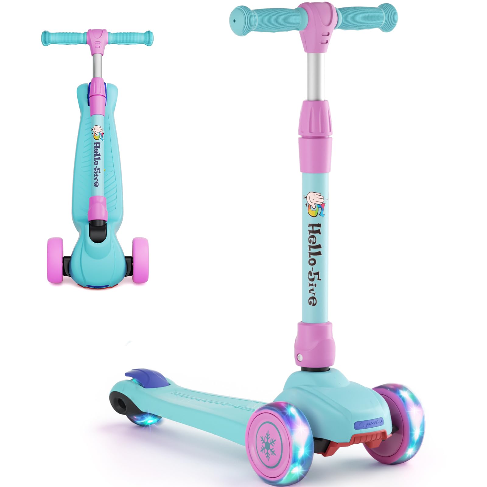 Kids Scooter Age 3,4,5,6, 3 Wheel Foldable Kick Scooter with Flashing Light-Up Wheels, 4 Level Height Adjustable Lean to Steer Lightweight Scooter for Toddler Children Boys Girls (Pink&Blue)
