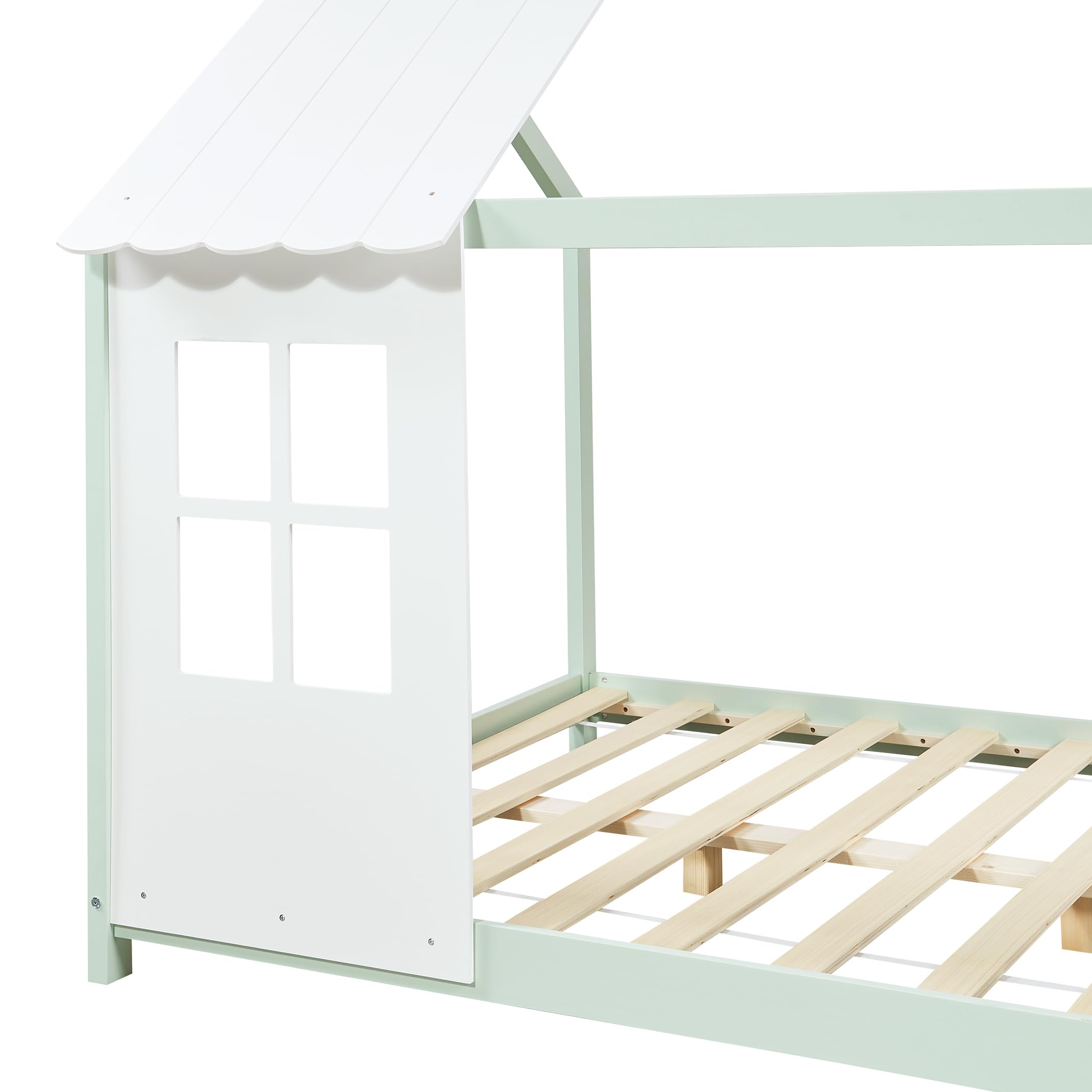 [en.casa] Cama Infantil Tostedt para Niños y Niñas en Forma de Casa con Ventanas y Techo Cama con Somier y Colchón máx. 200 kg Montessori 140 x 200 cm Madera de Pino - Verde Menta/Blanco