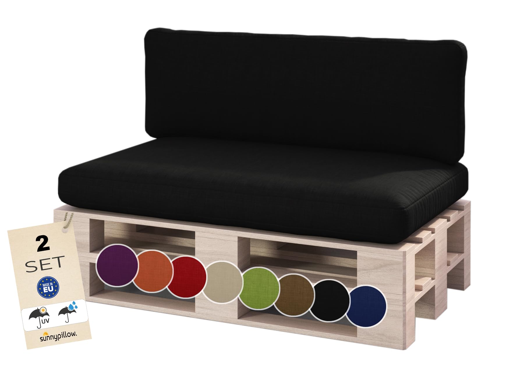 sunnypillow Set de 2 Coussins pour Canapé Palette - Matelas Extérieur Impermeable, Anti UV - d’Assise 120 x 80 x 15 cm + Dossier 120 x 40 x 20/10 cm - Coussin Salon de Jardin, Terrasse - Noir