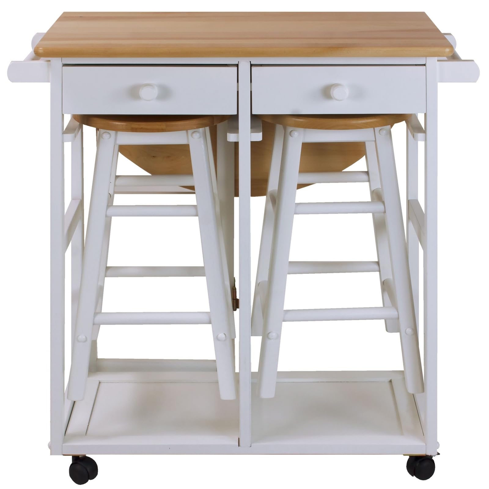 Casual Home Drop Leaf Breakfast Cart with 2 Stools-White, 32"D x 29.75"W x 33"H