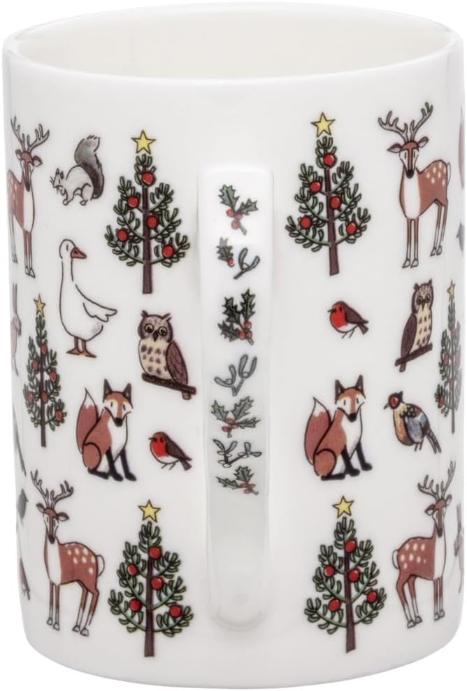 Alison Gardiner Christmas Wildlife Mug Fine Bone China Winter Wildlife Design - British Animals Pine Trees - Hand Decorated England - Dishwasher Microwave Safe - 10.8 fl oz Coffee Mug