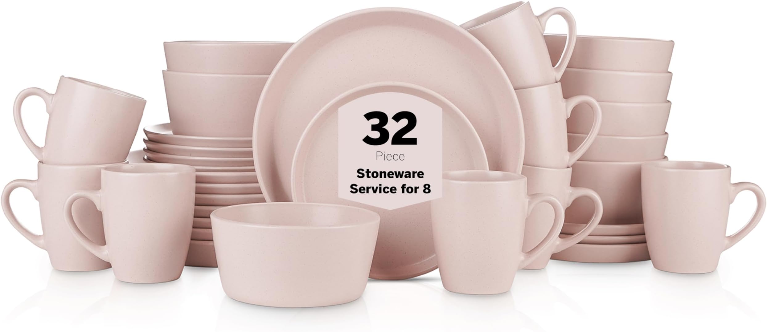 Albie Stoneware 32-Piece Modern Dinnerware Set, Kitchen Plates and Bowls Sets, Service for 8, Pink, Microwave & Dishwasher Safe