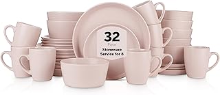 Stone Lain Albie Stoneware 32-Piece Modern Dinnerware Set, Kitchen Plates and Bowls Sets, Dish Set for 8, Pink