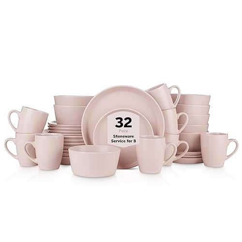 Stone Lain Albie Stoneware 32-Piece Modern Dinnerware Set, Kitchen Plates and Bowls Sets, Dish Set for 8, Pink - 32 Piece - Service for 8 - Pink