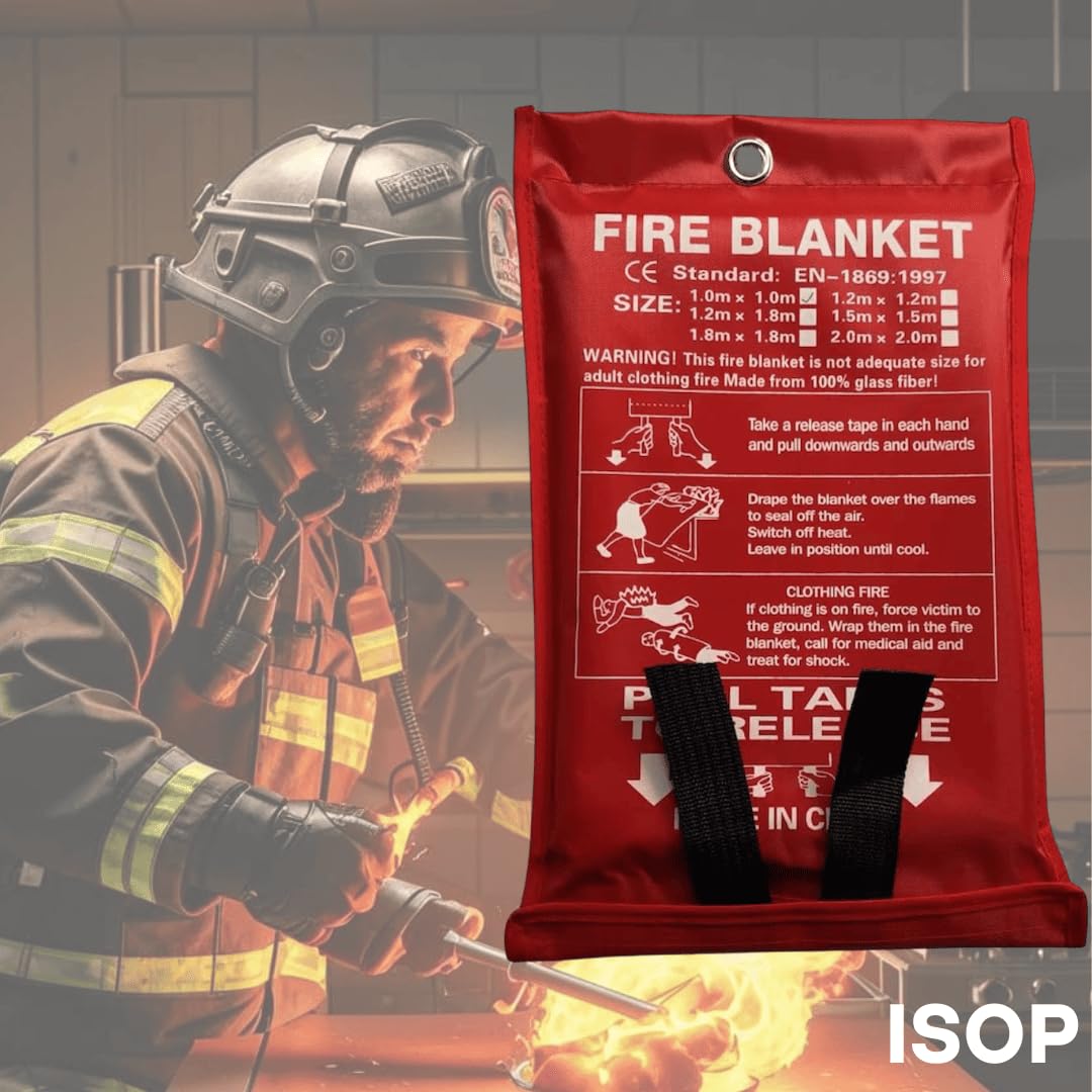 ISOP Couverture Anti-feu d'urgence 120 x 180 cm pour Cuisine, Oppression, Couverture de sécurité Ignifuge pour la Maison, l'école, la cheminée, Le Barbecue, la Voiture, Le Bureau, l'entrepôt